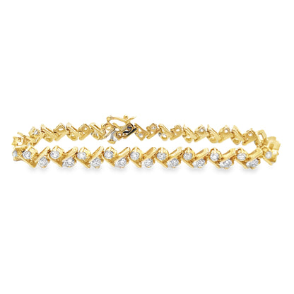 Vintage-Style Feather Diamond Tennis Bracelet Cross Design in 14K Yellow Gold