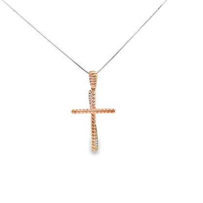 Wrap Around Diamond Cross Necklace in 14K White and Rose Gold