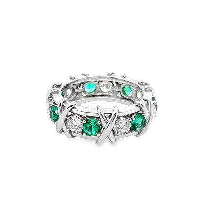 Round-Cut Emerald and Diamond Eternity X-Style Ring in Platinum