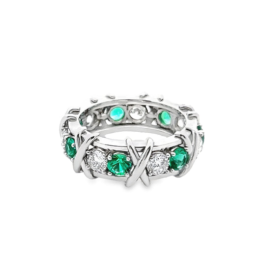 Round-Cut Emerald and Diamond Eternity X-Style Ring in Platinum