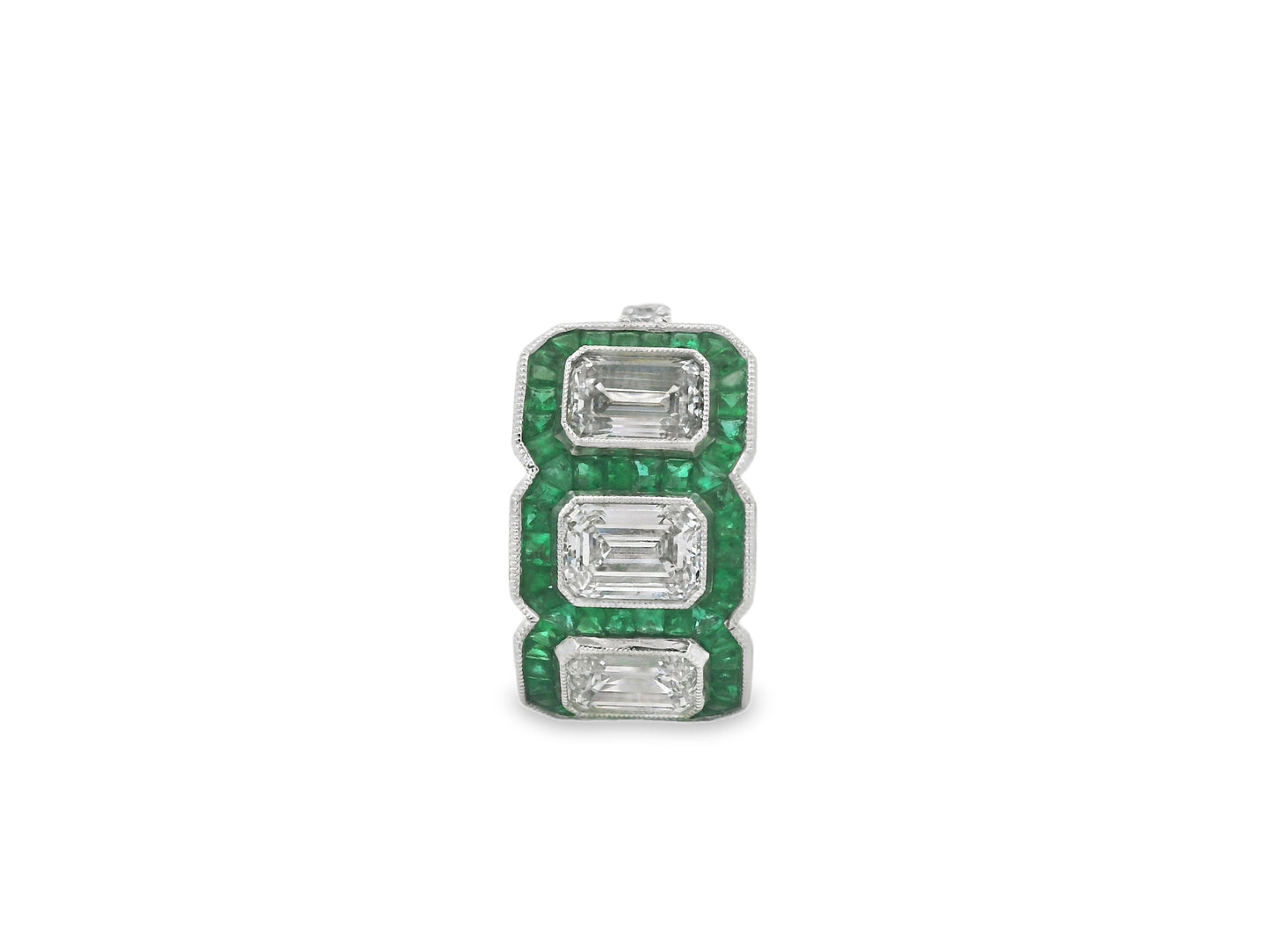 Green Emerald and Diamond Emerald-Cut Three Stone Heirloom Statement Ring