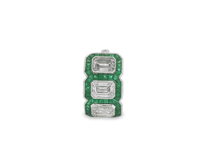 Green Emerald and Diamond Emerald-Cut Three Stone Heirloom Statement Ring