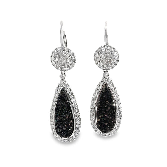 Pear-Shape Halo Black Druzy and Diamond Dangle Earrings in 14K White Gold