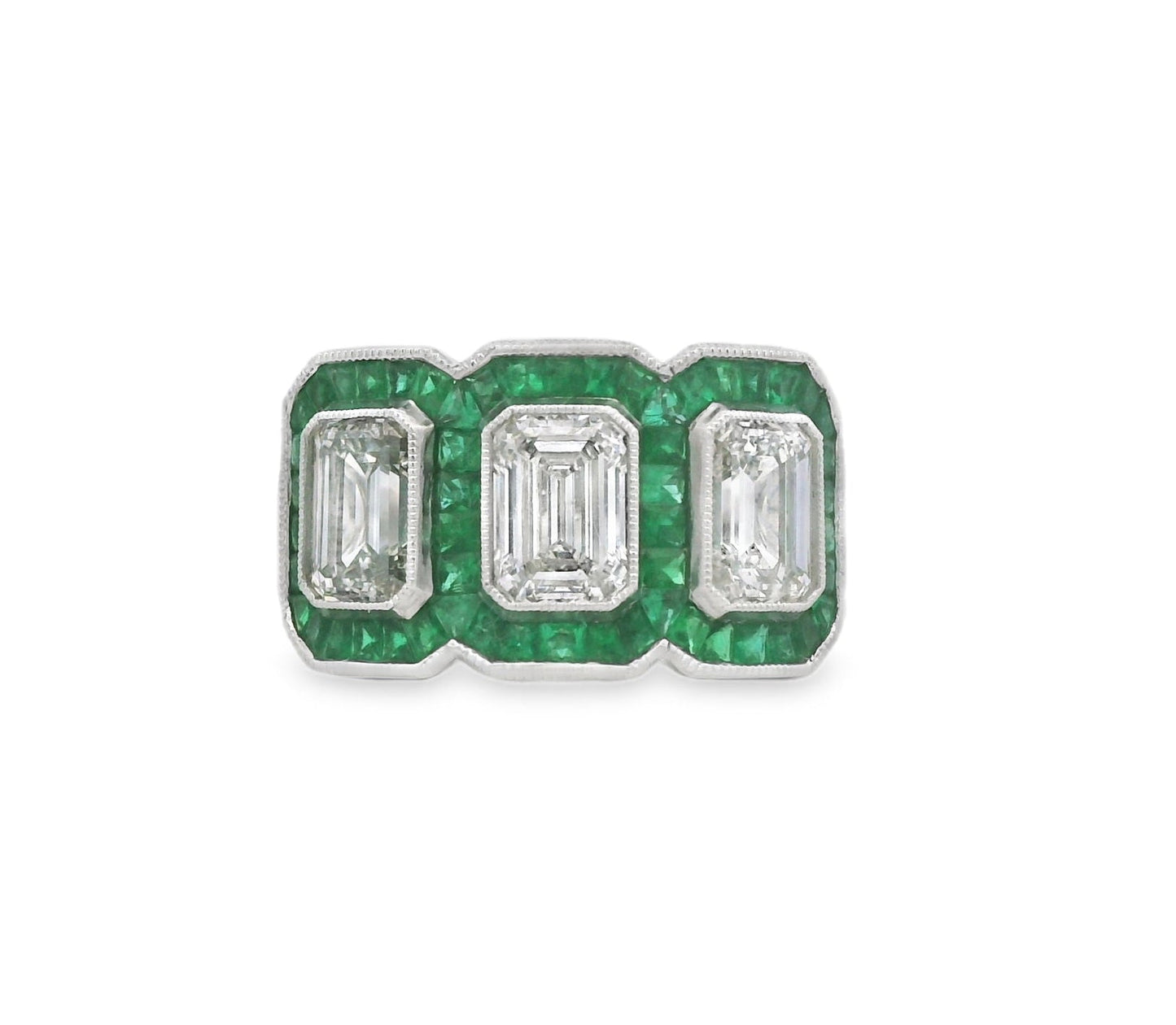 Green Emerald and Diamond Emerald-Cut Three Stone Heirloom Statement Ring