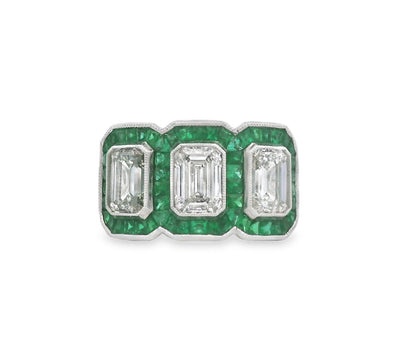 Green Emerald and Diamond Emerald-Cut Three Stone Heirloom Statement Ring