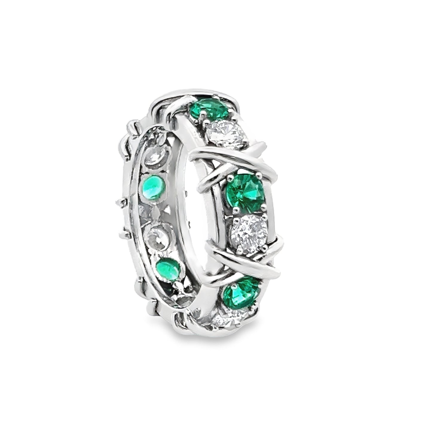 Round-Cut Emerald and Diamond Eternity X-Style Ring in Platinum