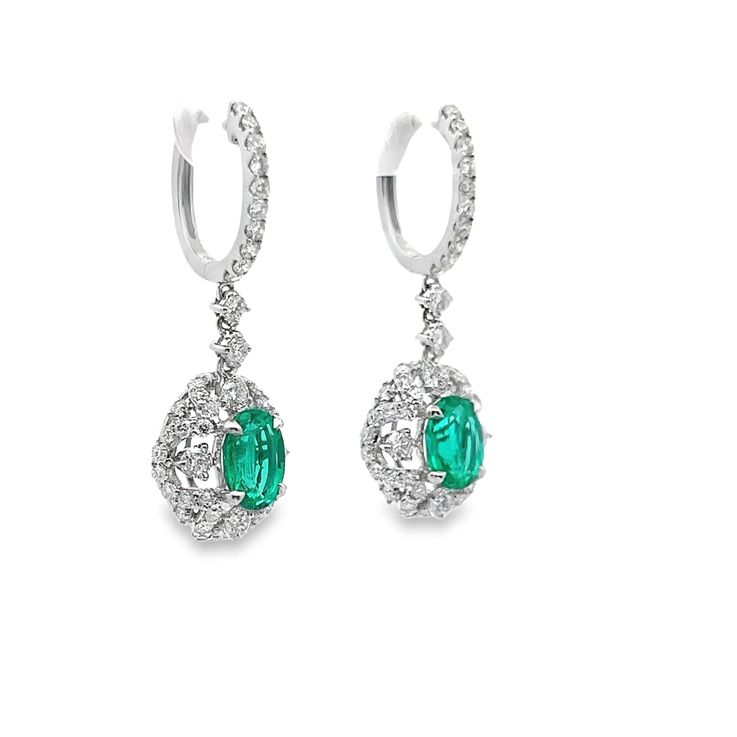 Emerald Lever back Dangle Earrings with Diamond in 18K White Gold
