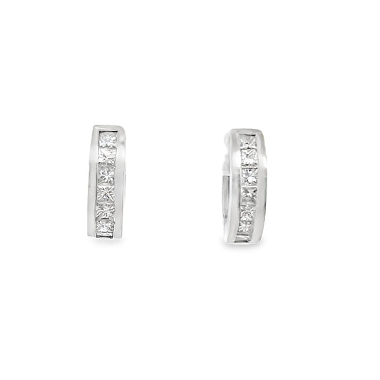 Channel Set Princess Cut Diamond Huggie Hoop Earrings in 14K White Gold