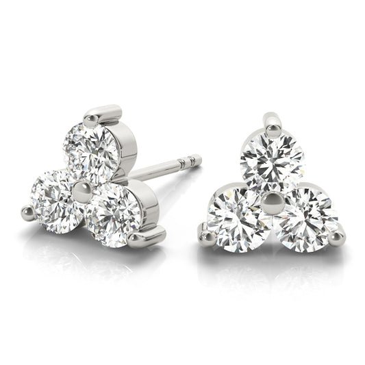 Triangular Three Stone Diamond Stud Earrings in 14K White Gold