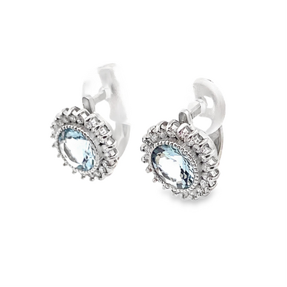 Halo Round Brilliant Aquamarine and Diamond Earrings in 14K White Gold