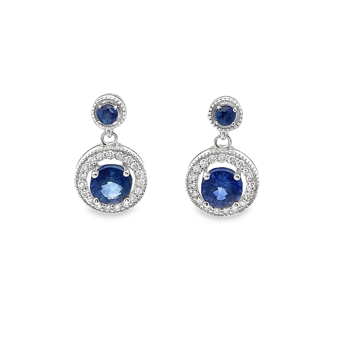 Halo Sapphire and Diamond Drop Earrings in 14K White Gold