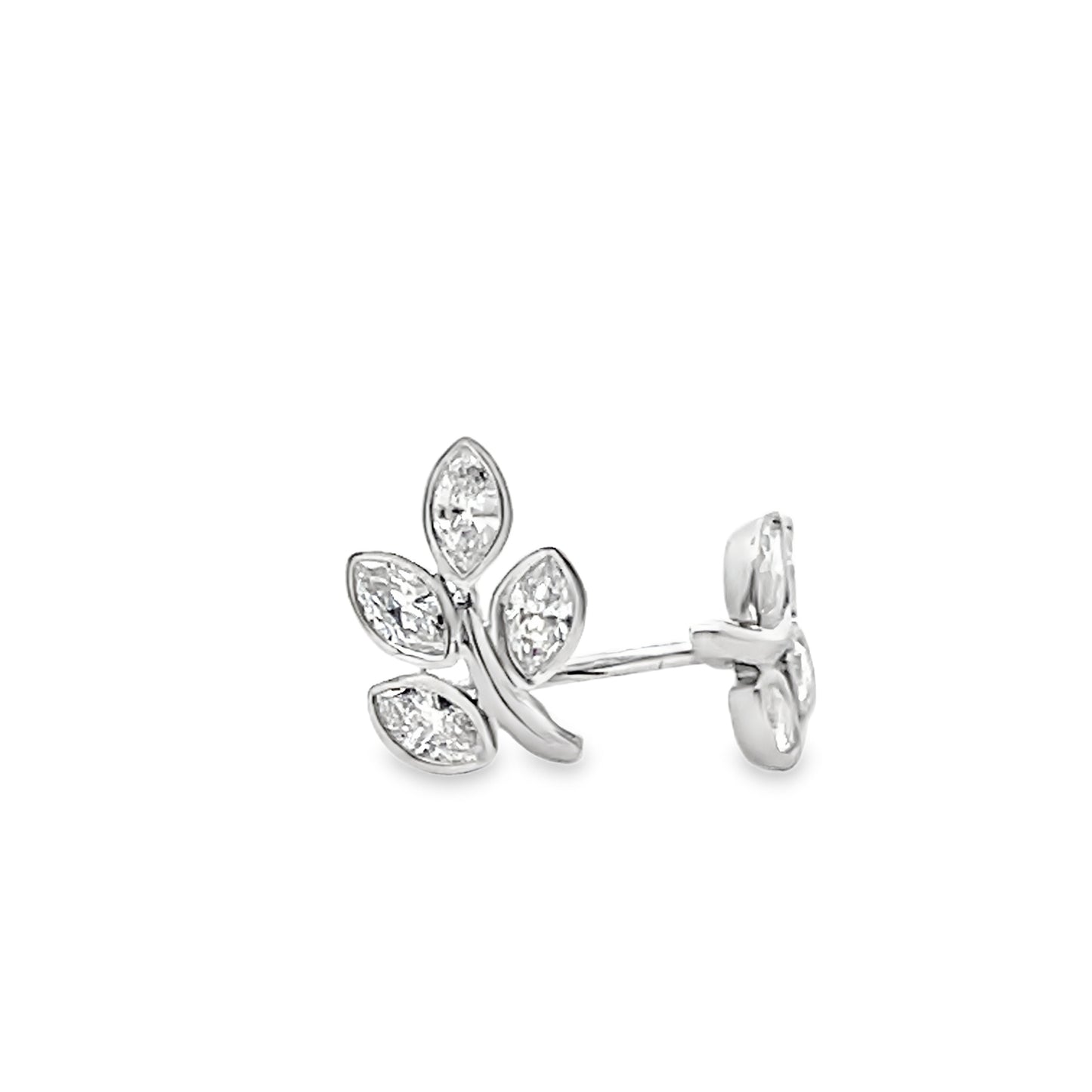 Marquise Diamond Leaf Bezel Earring Stud in 14K White Gold