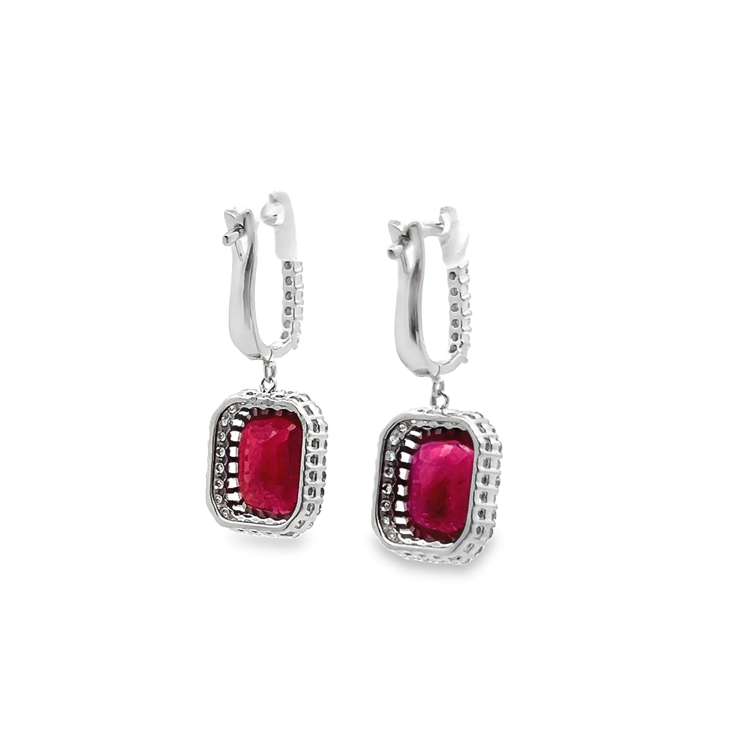 Ruby Leverback Drop Earrings with Diamond Halo in 14K White Gold