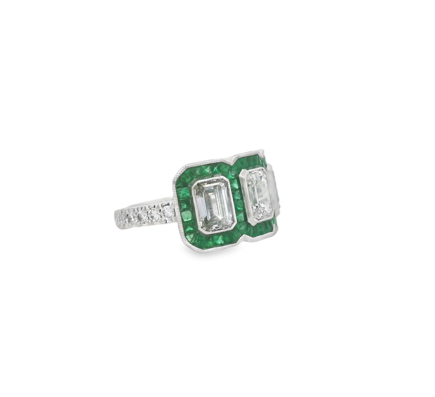 Green Emerald and Diamond Emerald-Cut Three Stone Heirloom Statement Ring