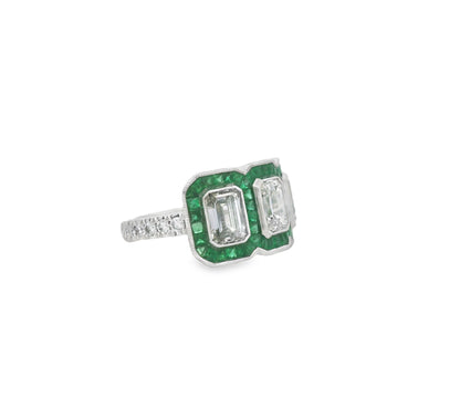 Green Emerald and Diamond Emerald-Cut Three Stone Heirloom Statement Ring