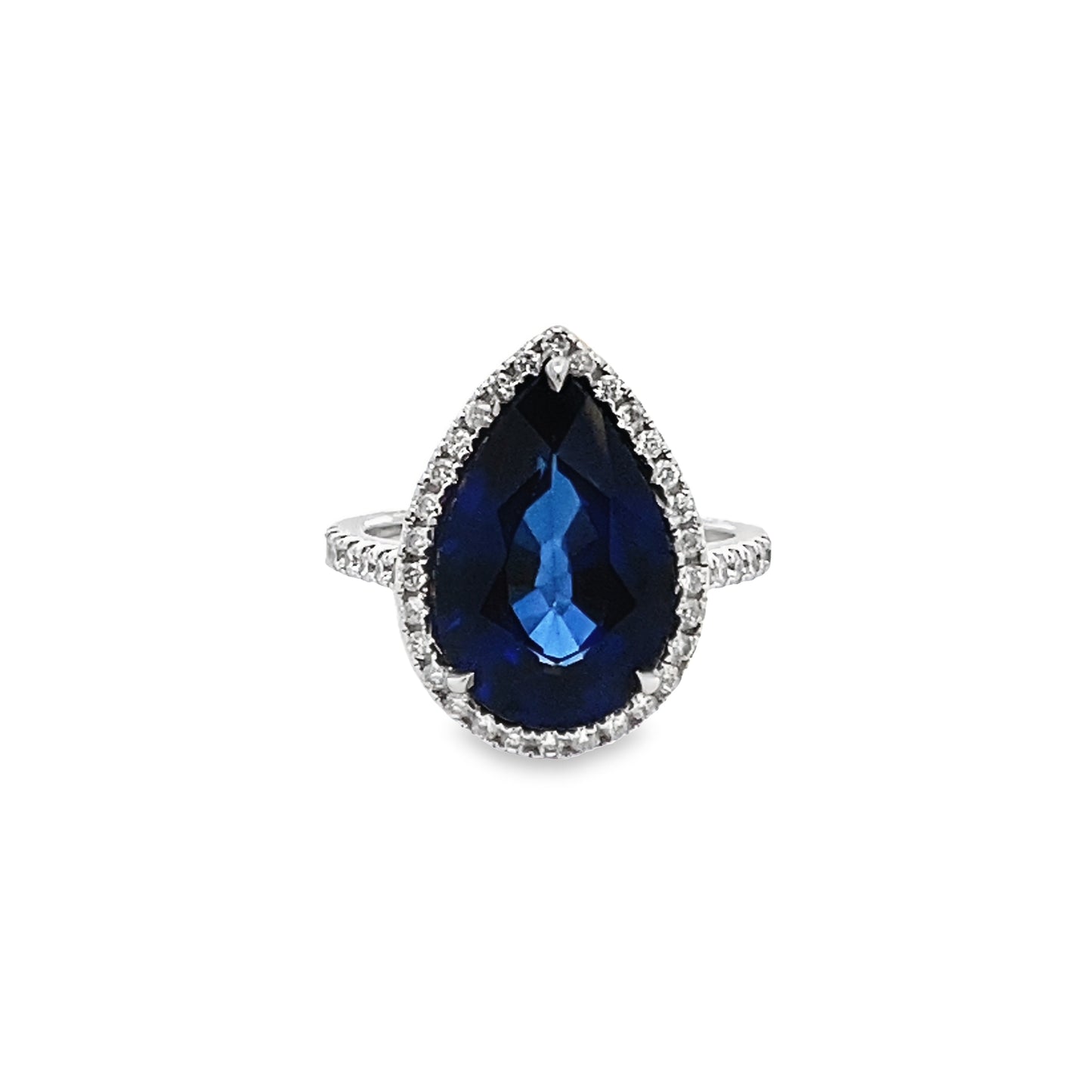 Pear-Shape Sapphire Ring with a Diamond Halo in 14K White Gold