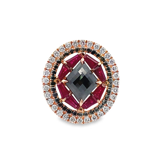 Statement Ring with Ruby, Black and White Diamonds in 14K Rose Gold