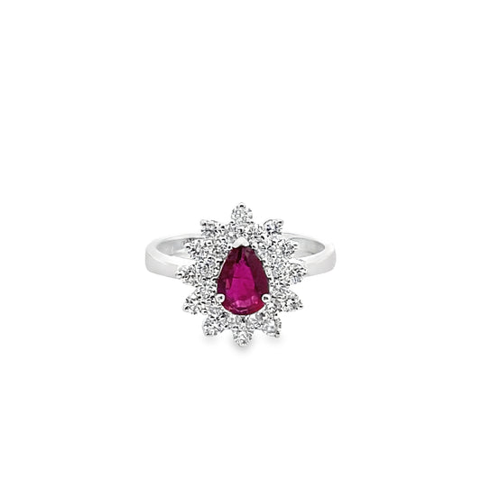 Pear-Cut Ruby Ring with Diamond Halo in 18K White Gold