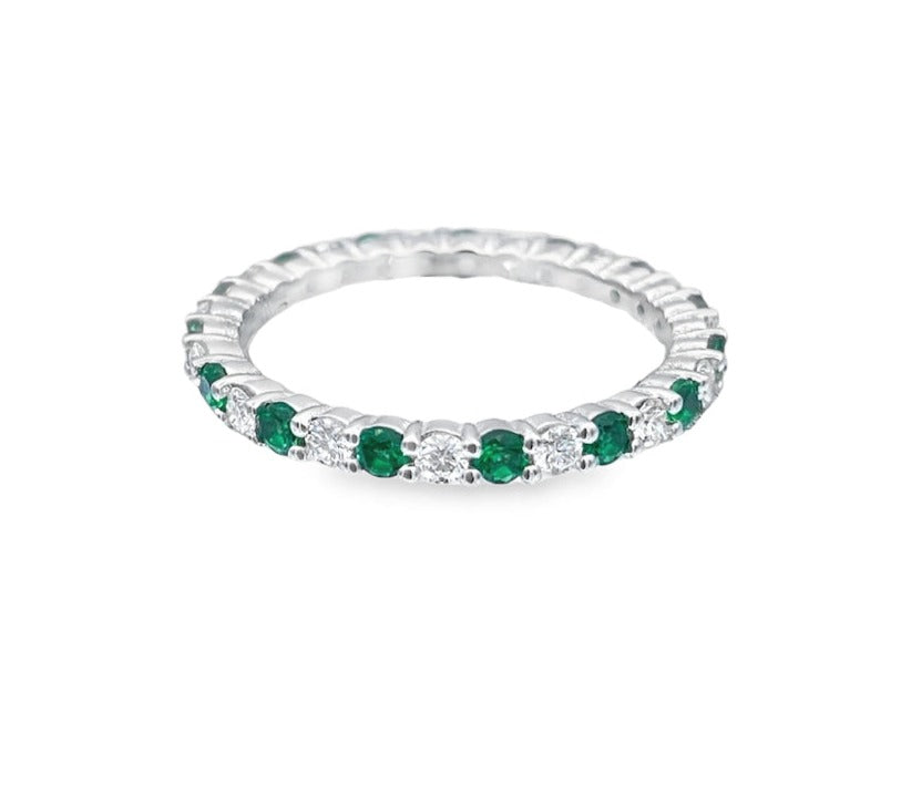 Alternating Round-Cut Emerald and Diamond Eternity Ring in 14K White Gold