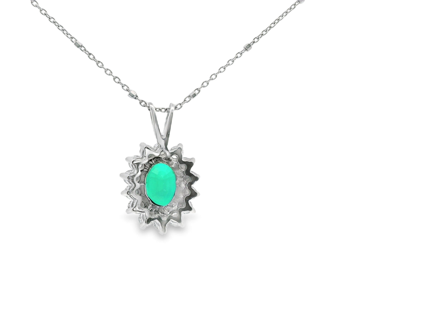 Floral Halo Design Emerald and Diamond Necklace in 14K White Gold