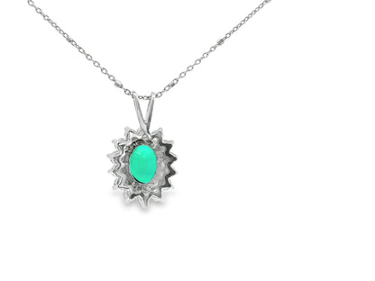 Floral Halo Design Emerald and Diamond Necklace in 14K White Gold