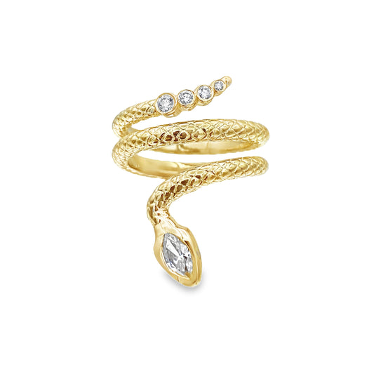Snake Shape Ring with Marquis-Cut and Round-Cut Diamonds in 14K Yellow Gold