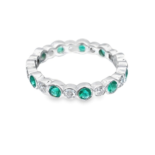 Bezel-Set Alternating Emerald and Diamond Eternity Ring in 14K White Gold