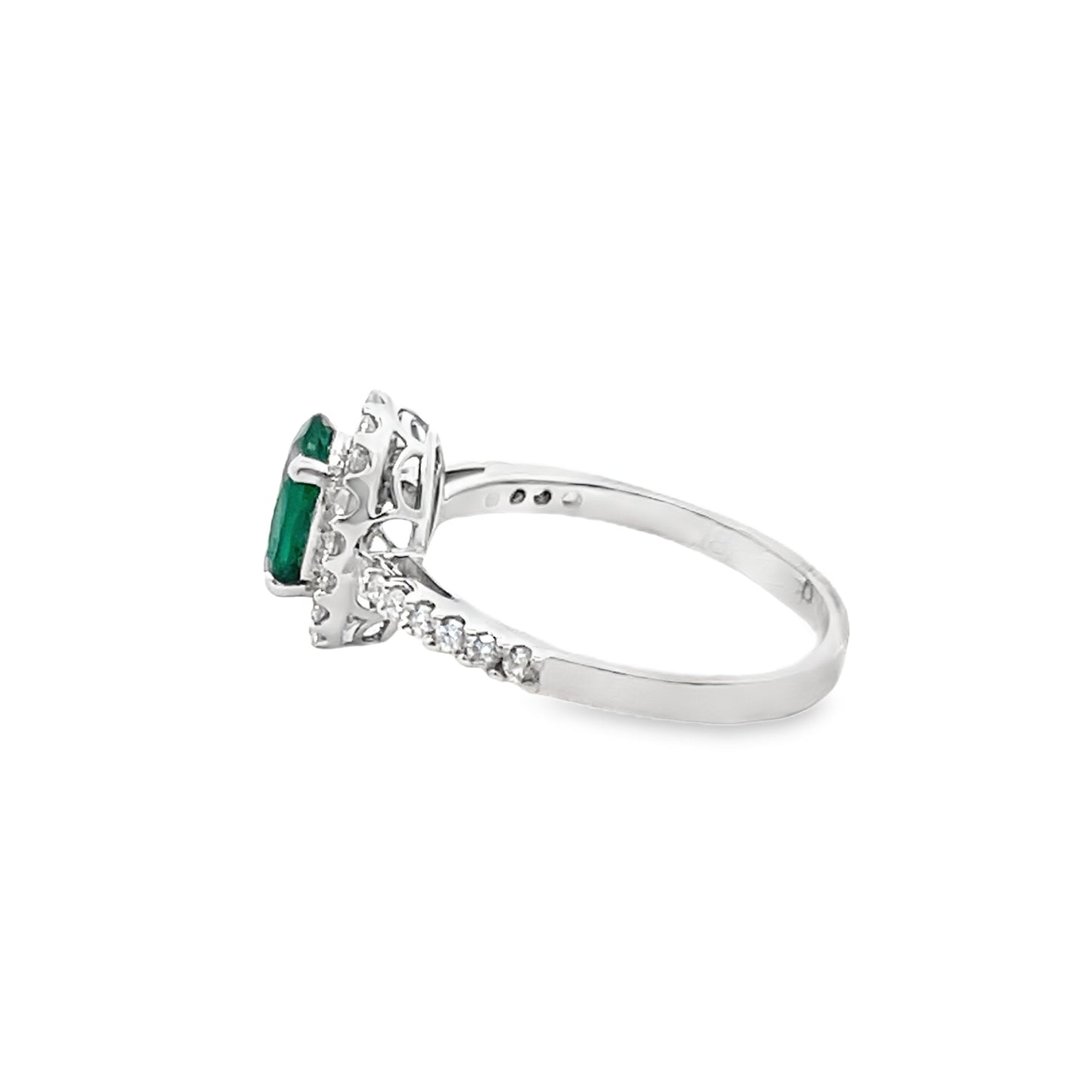 Green Emerald and Diamond Ring with Halo in 18K White Gold