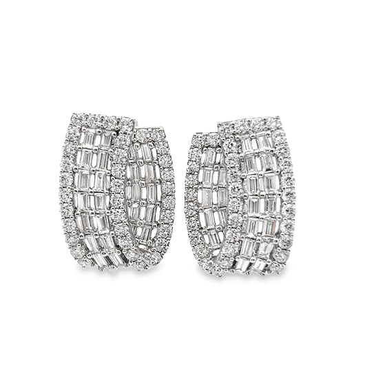 Baguette and Round Cut Diamond Omega Back Earrings in 18K White Gold