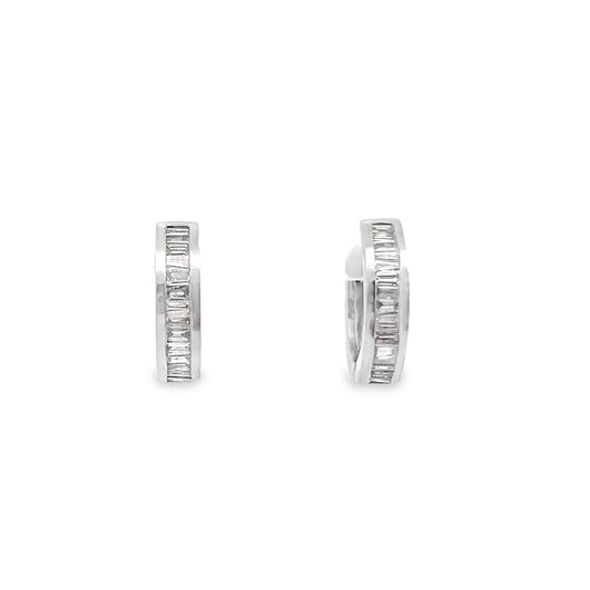 Channel Set Baguette Cut Diamond Huggie Hoop Earrings in 14K White Gold