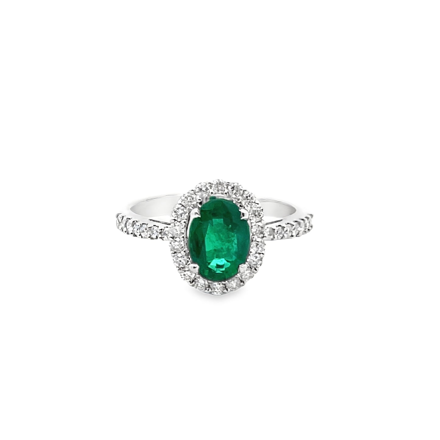 Green Emerald and Diamond Ring with Halo in 18K White Gold