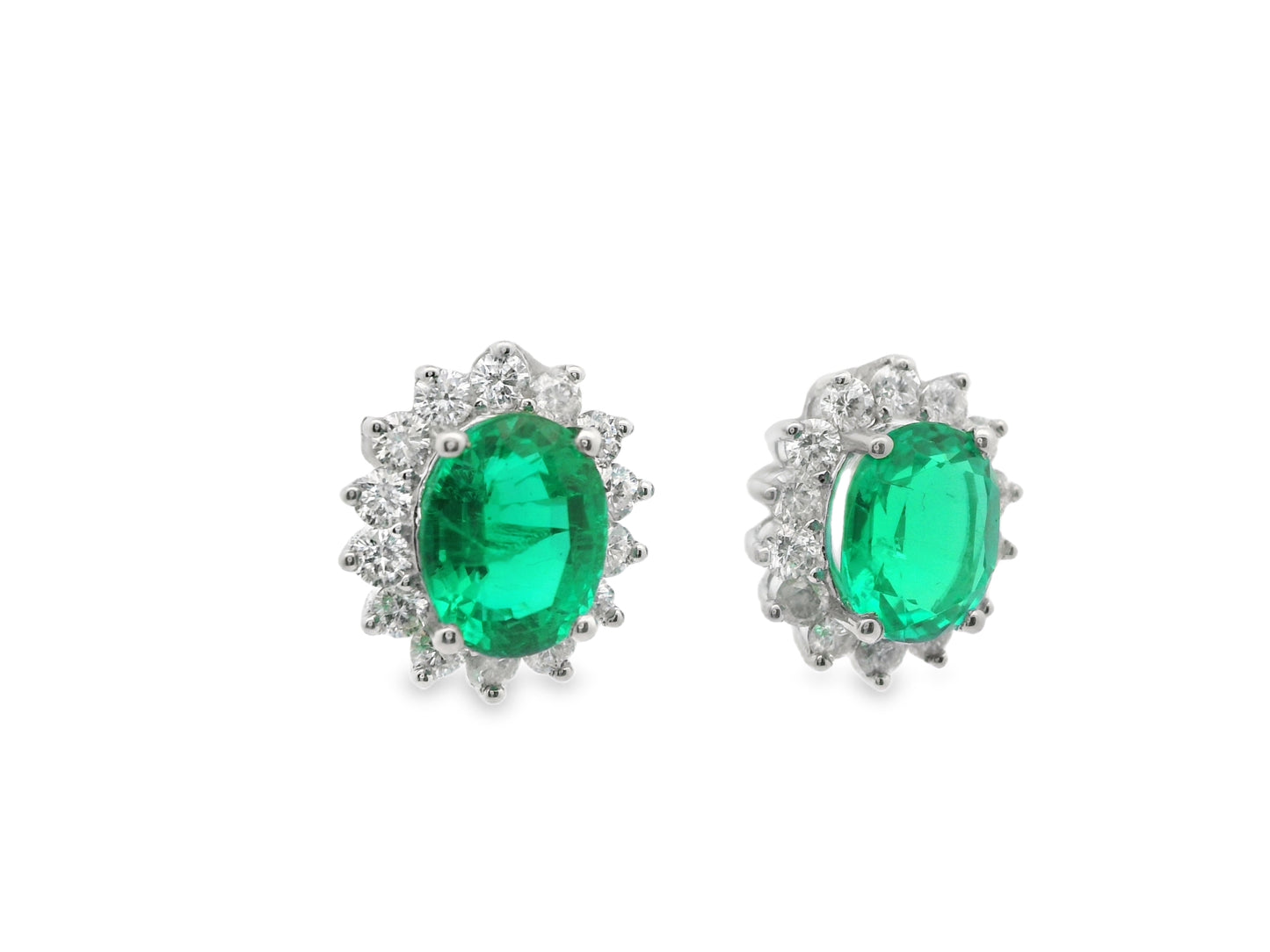 Oval-Cut Green Emerald and Diamond Halo Stud Earrings