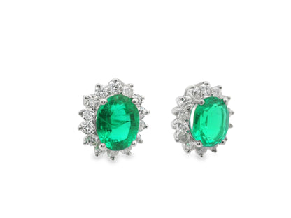 Oval-Cut Green Emerald and Diamond Halo Stud Earrings
