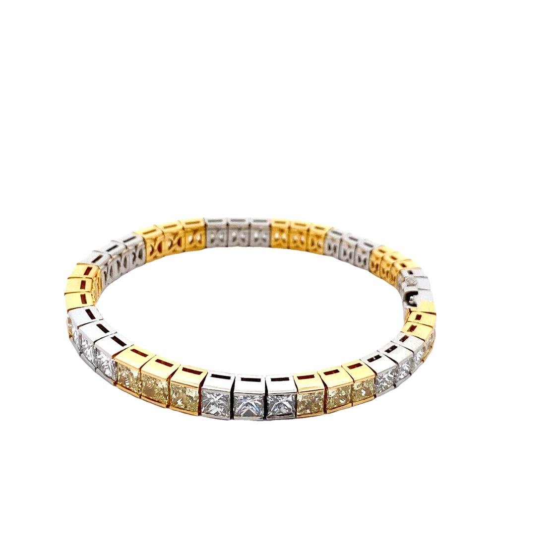 Yellow and White Diamond Princess Cut Tennis Bracelet in 18K Gold and Platinum Two Tone