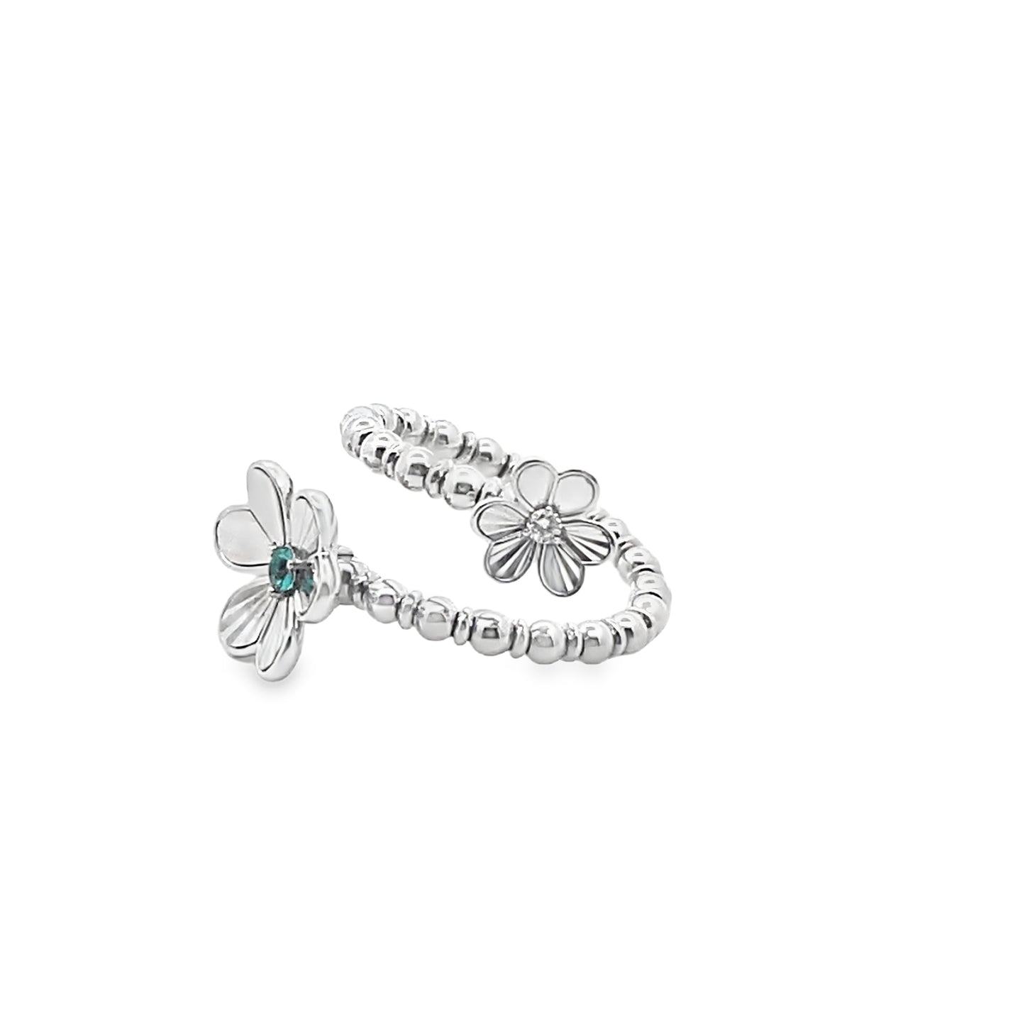 Beaded Double Flower Ring with an Emerald and Diamond Center in 14K White Gold