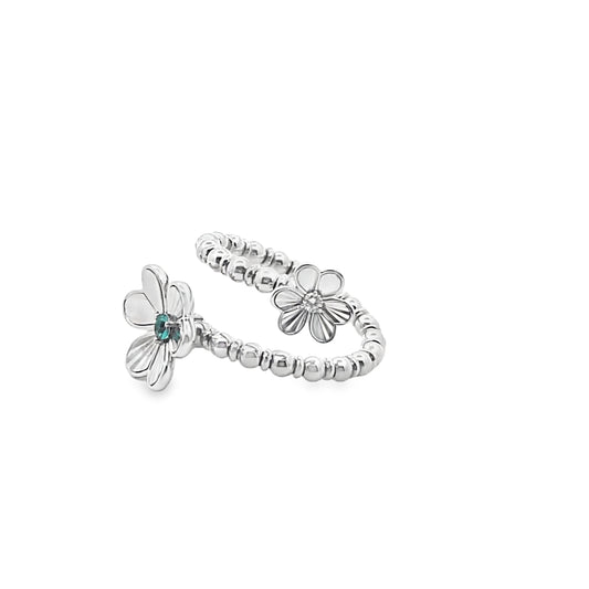 Beaded Double Flower Ring with an Emerald and Diamond Center in 14K White Gold