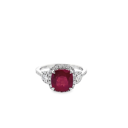 Halo Cushion-Cut Ruby and Round Brilliant-Cut Diamond Ring in 14K White Gold