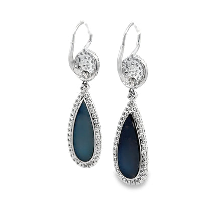 Pear-Shape Halo Black Druzy and Diamond Dangle Earrings in 14K White Gold