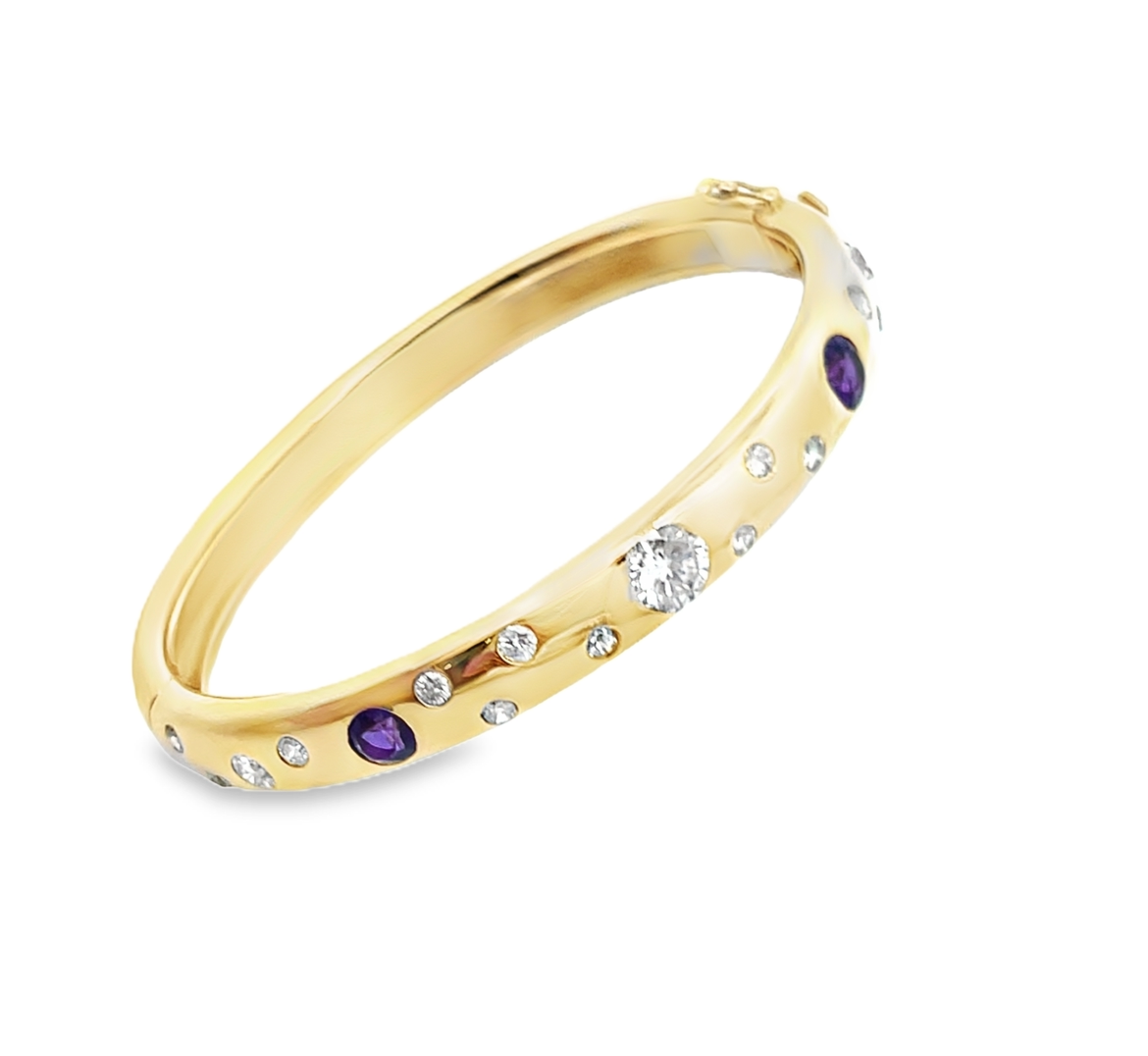 Amethyst and Diamond 14K Gold Bangle Bracelet