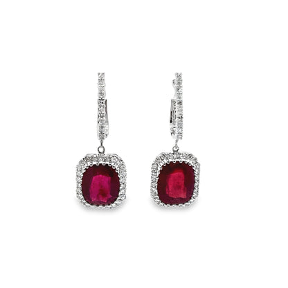 Ruby Leverback Drop Earrings with Diamond Halo in 14K White Gold