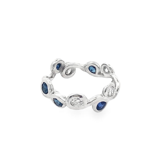 Leafy Motif Sapphire and Diamond Eternity Ring in 14K White Gold