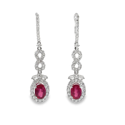 Ruby Lever back Dangle Earrings with Diamond Halo in 18K White Gold