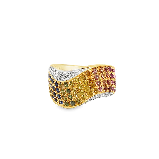 Rainbow Sapphire and Diamond Multi Row Statement Ring in 18K Yellow Gold