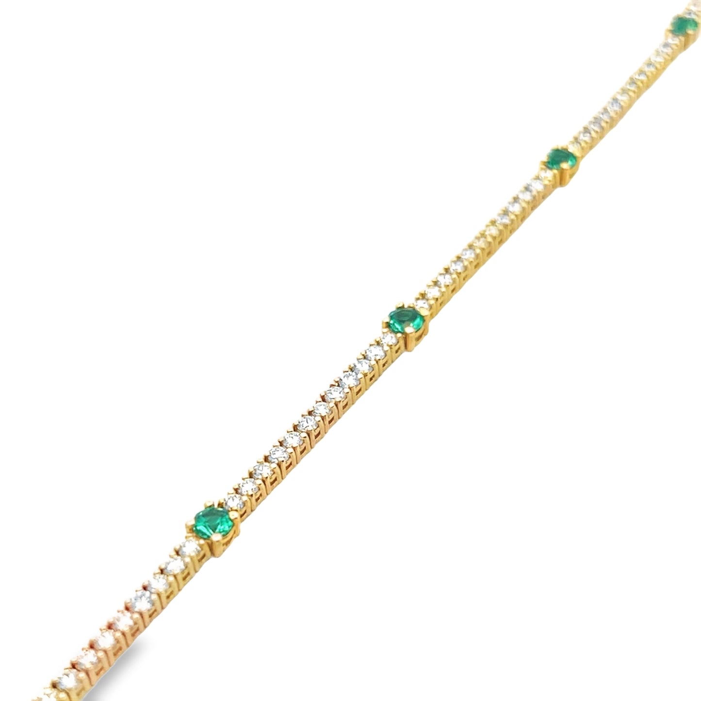 Alternating Round Diamond and Emerald Tennis Bracelet in 14K Yellow Gold