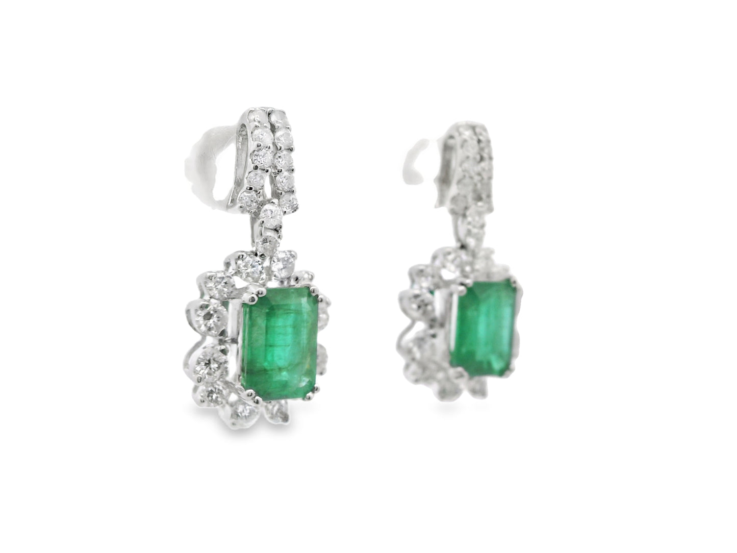 Blue or Green Sapphire Drop Earrings with Diamond Halo in 18K White Gold