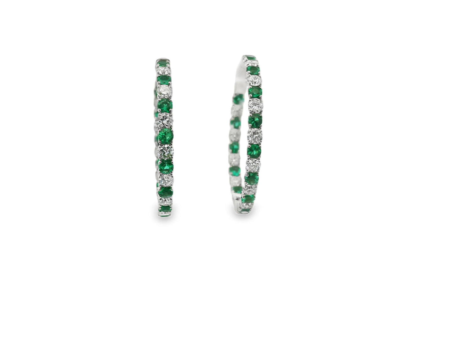 Inside-Out Alternating Emerald and Diamond Hoop Earrings in 14K White Gold
