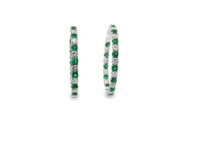 Inside-Out Alternating Emerald and Diamond Hoop Earrings in 14K White Gold