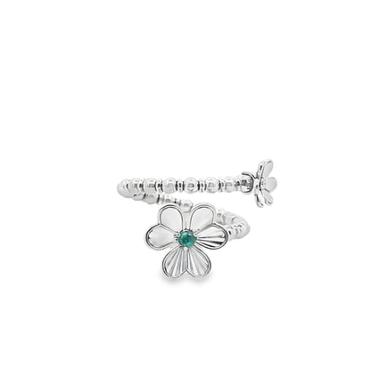 Beaded Double Flower Ring with an Emerald and Diamond Center in 14K White Gold