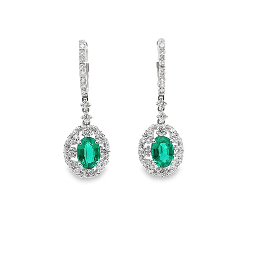 Emerald Lever back Dangle Earrings with Diamond in 18K White Gold