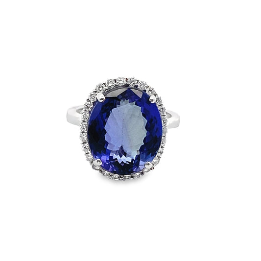 Oval-Cut Tanzanite Ring with Diamond Halo in 14K White Gold